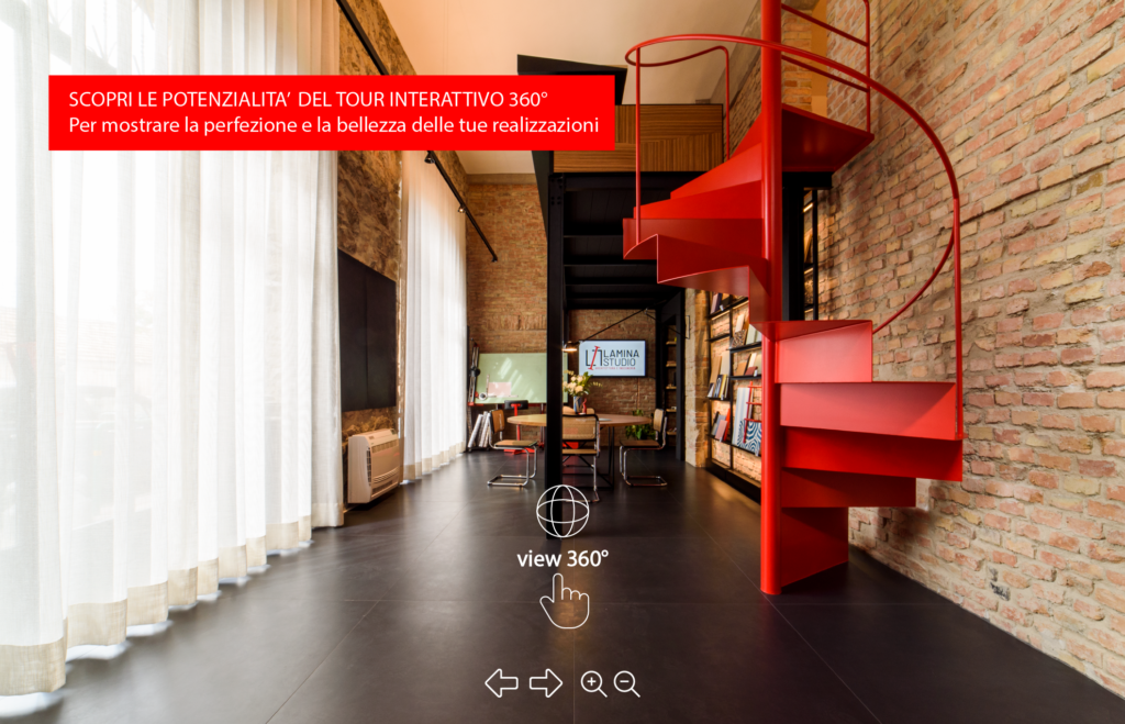 Anteprima del tour virtuale a 360° dei nuovi spazi del Lamina Studio di Salerno, con immagini HD per valorizzare il design d'interni.